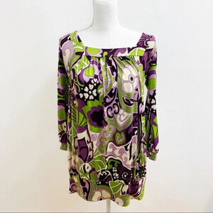 Olian  Mod Printed Tunic‎ Top Woman Medium Purple Green Stretch Knit Boho  K17